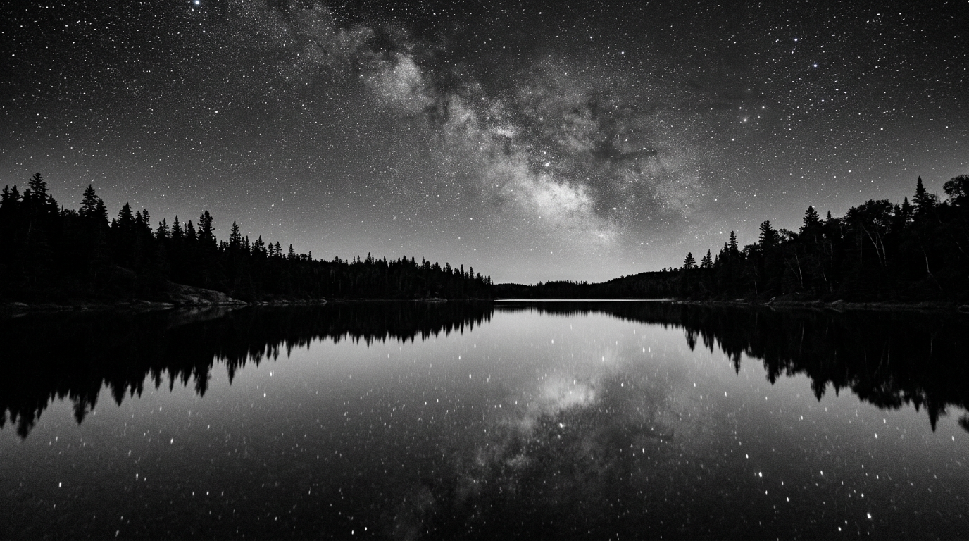 Starry sky reflected in still lake