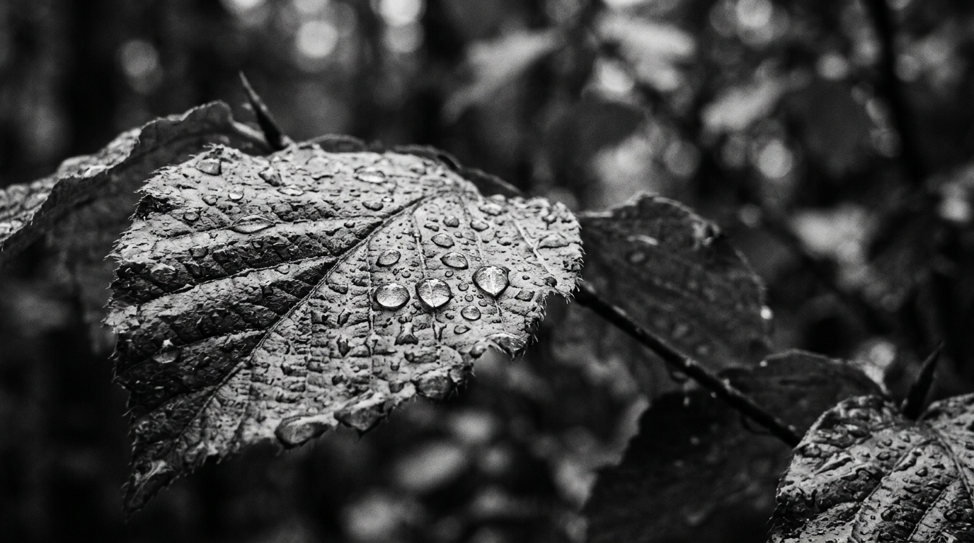 Macro photograph of rain droplets on a leaf